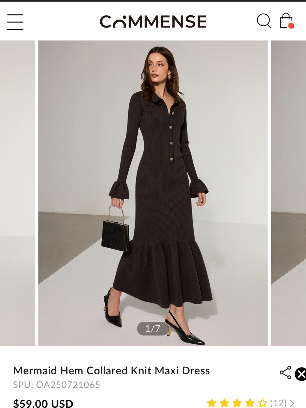 Commense Chocolate Brown Collared Mermaid-Hem Knit Maxi Dress